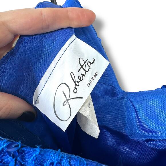 Vintage Roberta California Blue Sequin Lace Bow Bodycon Midi Dress Size 3/4 - Picture 6 of 7